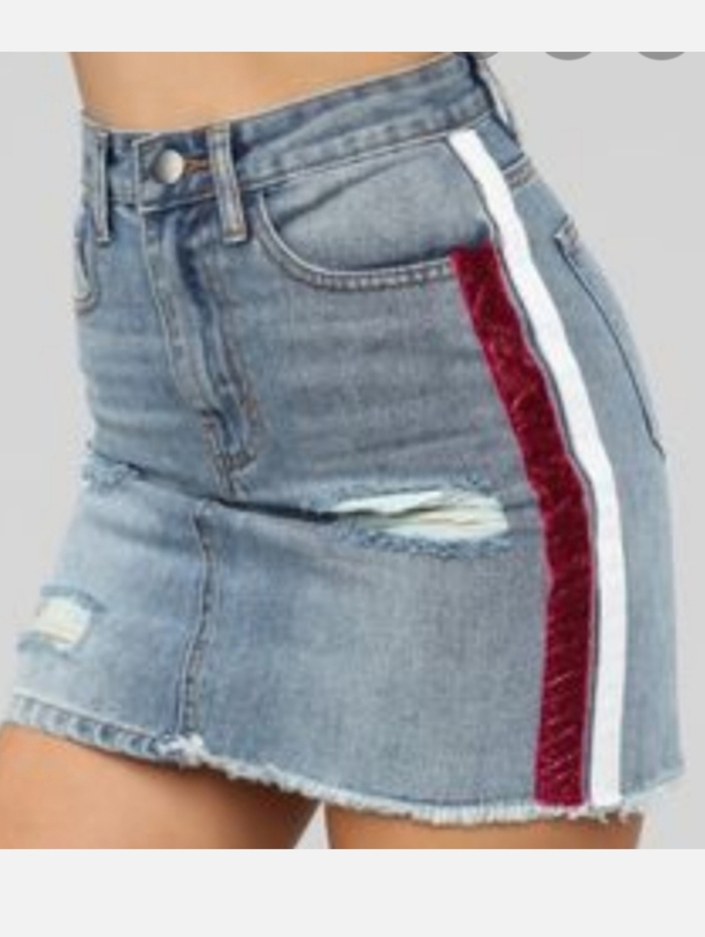 Fashion Nova Light Blue Denim Mini Skirt with Red and White Side Stripes
